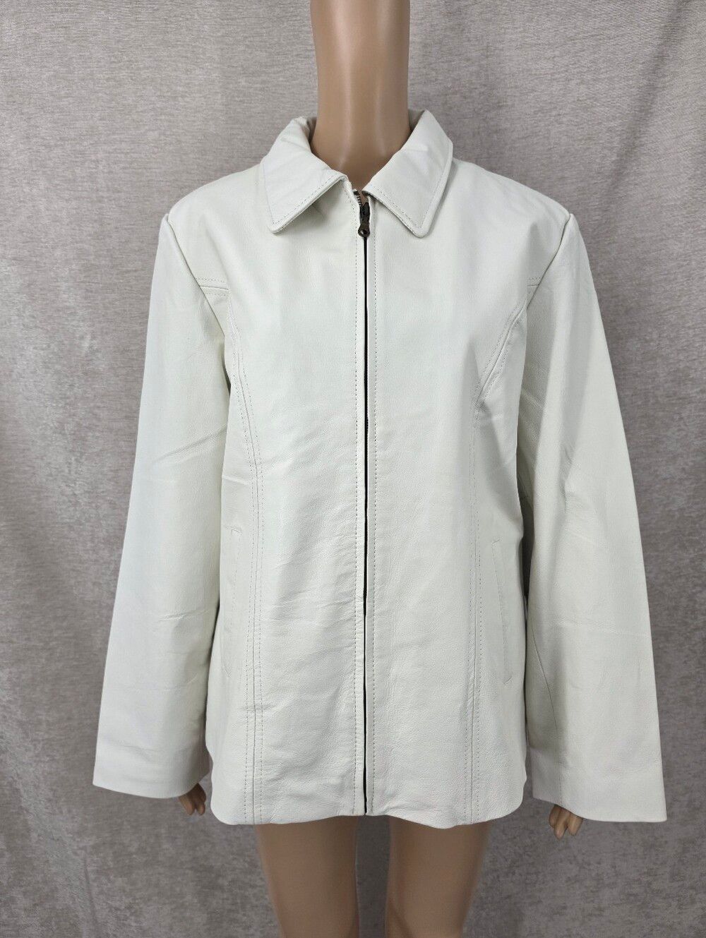 Vintage Y2K Women's White Ivory Zip-Front Leather Moto Jacket